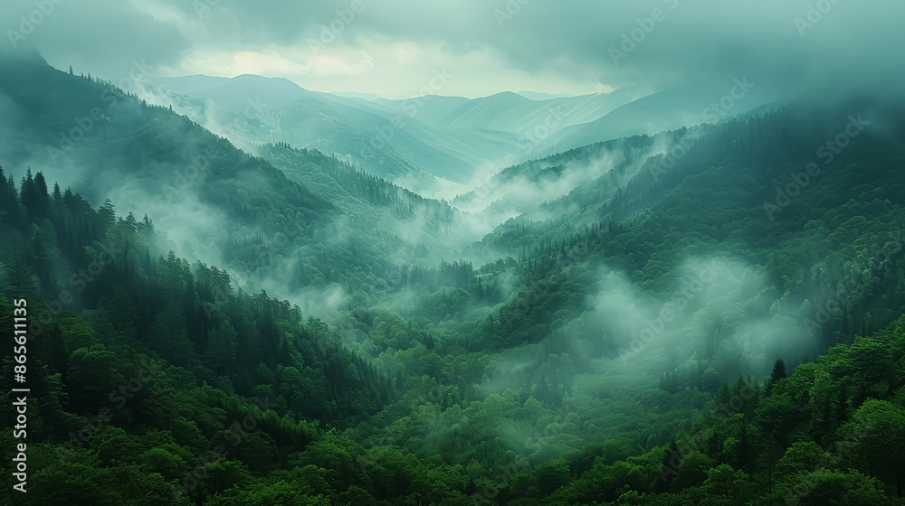 A foggy mountain valley with trees and a misty sky, creating a serene and ethereal landscape. A foggy mountain valley with trees and a misty sky, creating a serene and ethereal landscape.