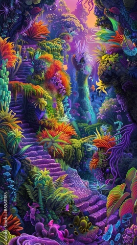 Psychedelic Garden of Salvia Divinorum with Surreal Colors and Mystical Symbolism photo