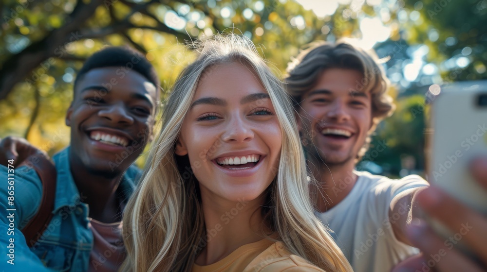 Smiling friends taking a selfie outdoors on a sunny day, capturing moments of joy and togetherness Smiling friends taking a selfie outdoors on a sunny day, capturing moments of joy and togetherness