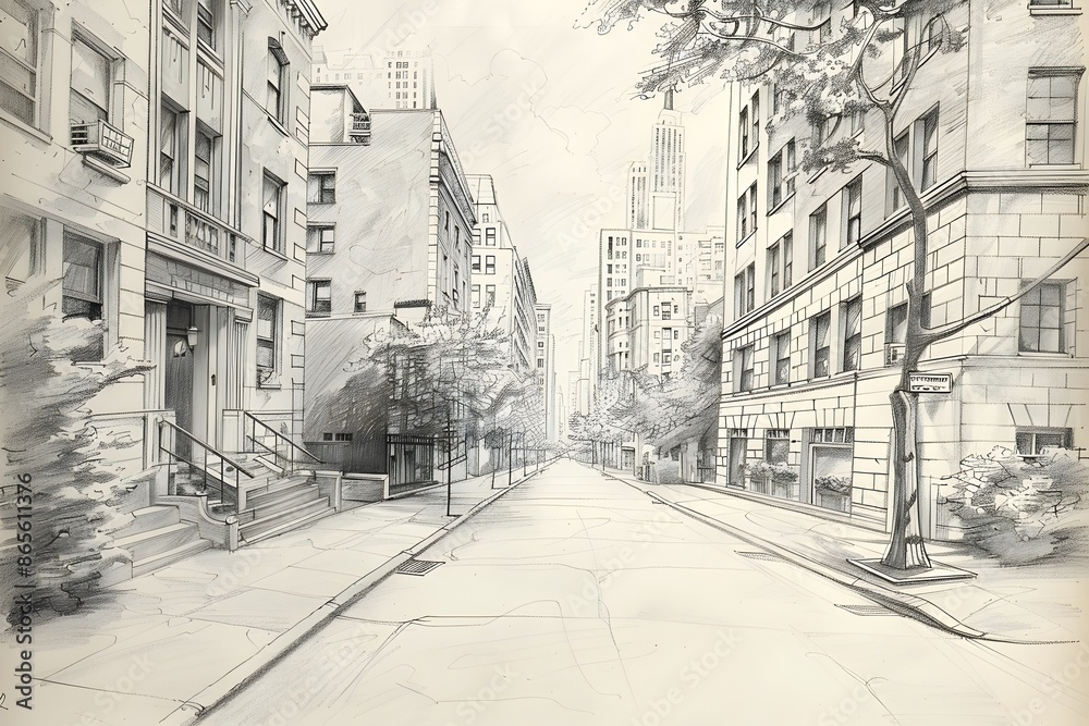 Detailed Pencil Sketch of Lively Urban City Street Scene with Architectural Buildings Detailed Pencil Sketch of Lively Urban City Street Scene with Architectural Buildings