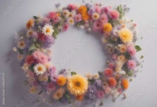 Flowers composition Wreath made of various colorful flowers on transparent background Easter spring