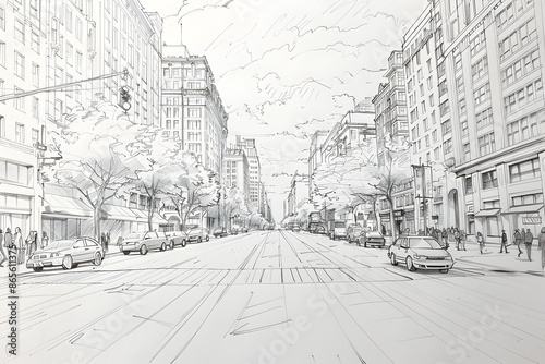 Detailed Pencil Sketch of Bustling Urban Cityscape with Towering Buildings and Busy Street Scene