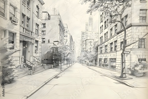 Detailed Pencil Sketch of Lively Urban City Street Scene with Architectural Buildings