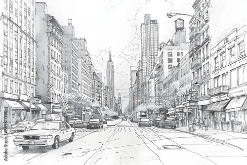 Captivating Urban Sketch of Downtown Cityscape with Towering Skyscrapers and Bustling Traffic