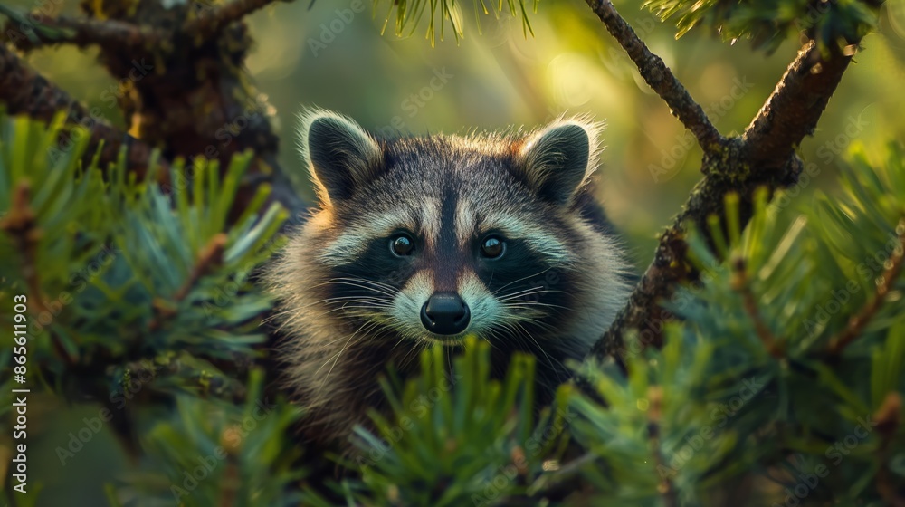 Close-up of a curious raccoon peering through tree branches in a sunlit forest.
