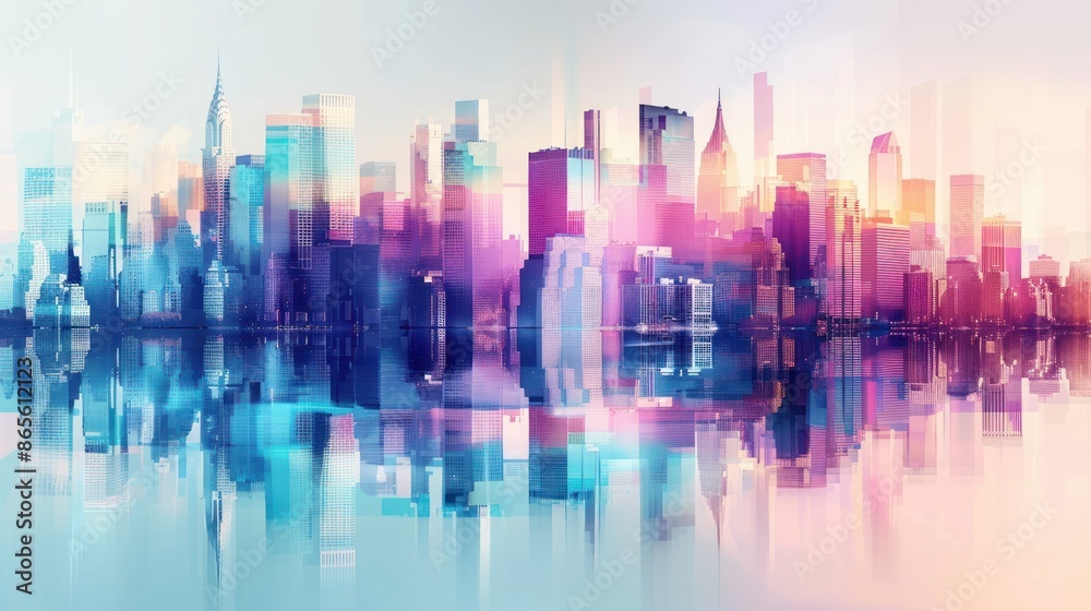 Abstract colorful city skyline is reflected in the water creating a vibrant atmosphere Abstract colorful city skyline is reflected in the water creating a vibrant atmosphere