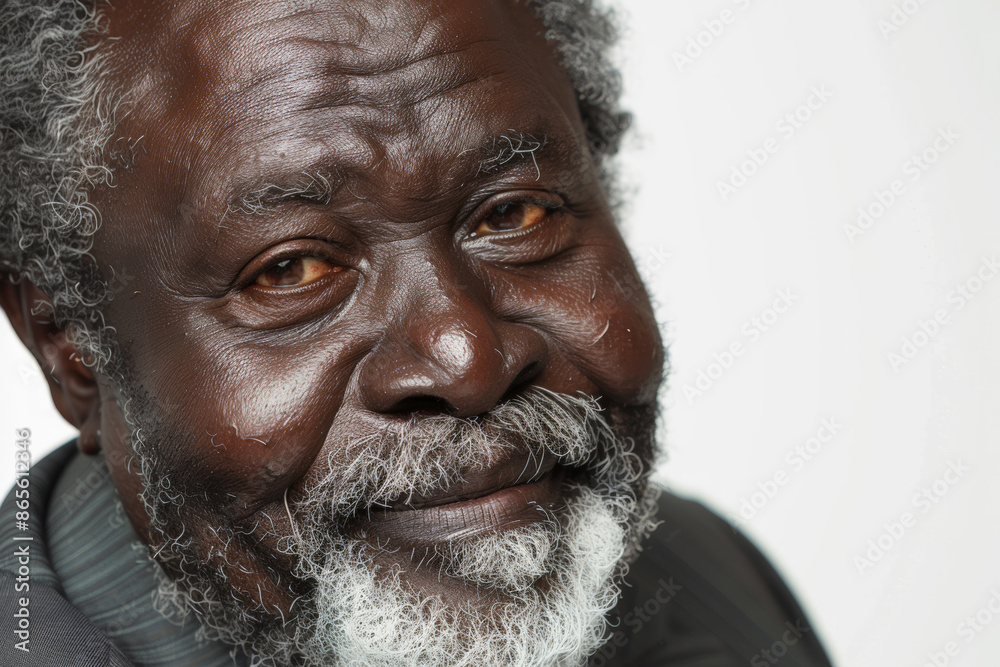 Close-up portrait of a senior man of African descent, studio photo, against a white studio backdrop Close-up portrait of a senior man of African descent, studio photo, against a white studio backdrop