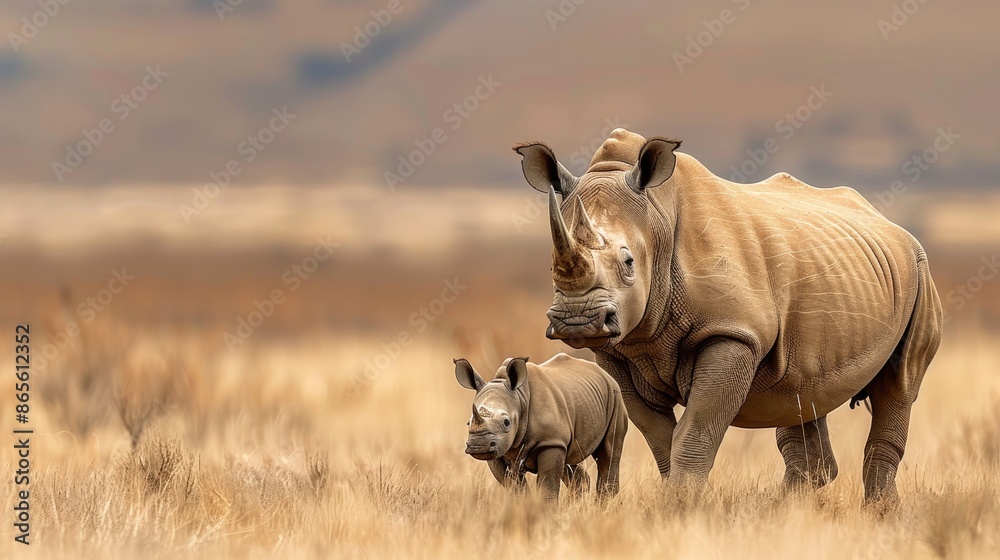A mother white rhinoceros and her calf stand together in a South African savanna, with rocky hills in the background A mother white rhinoceros and her calf stand together in a South African savanna, with rocky hills in the background