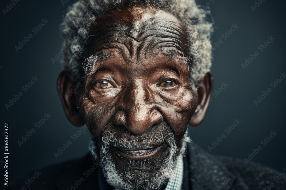 Close-up portrait of a senior man of African descent, studio photo, against a sleek gray studio backdrop Close-up portrait of a senior man of African descent, studio photo, against a sleek gray studio backdrop
