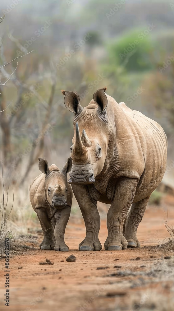 Fototapeta premium A mother white rhinoceros and her calf stand together in a South African savanna, with rocky hills in the background