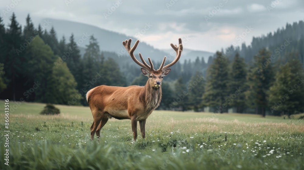 Naklejka premium A red deer buck stands in a grassy meadow with a mountainous background, illuminated by the golden light of sunset