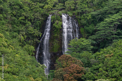 Opaekaa Falls Vista Parking,  ʻŌpaekaʻa Falls is a waterfall located on the ʻŌpaekaʻa Stream in Wailua River State Park on the eastern side of the Hawaiian island of Kauai. Hawaii, basalt 
