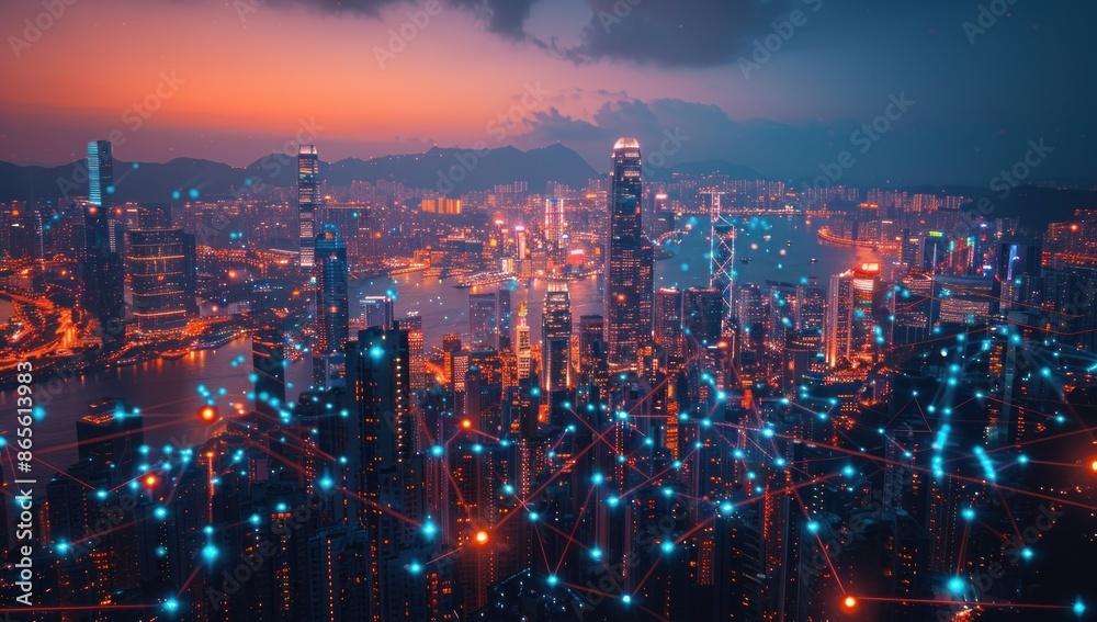 Fototapeta premium Cityscape at Dusk with Network Connections