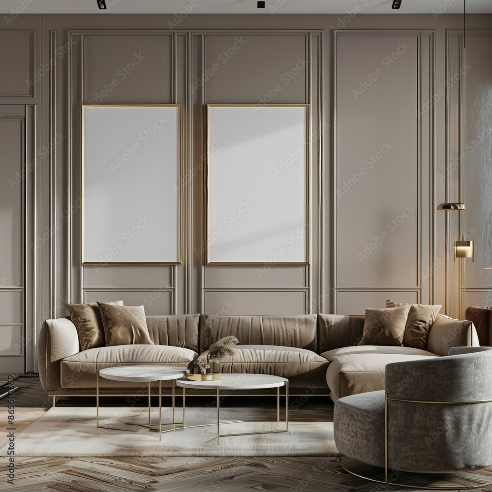 Fototapeta premium An image featuring a chic living room setup with beige sofa and gold accents, perfect as a background or wallpaper, and likely a best-seller