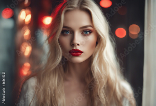Portrait of the blonde woman with long hair and red lips Fashion model with bright makeup on transpa