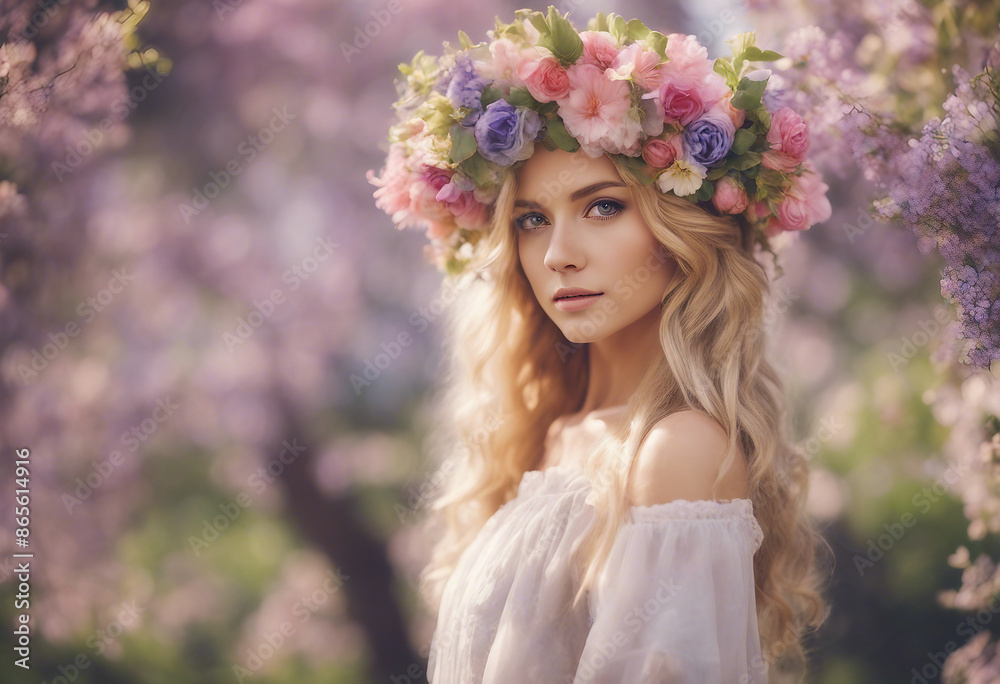 Naklejka premium Spring Woman Beauty Summer model girl with colorful flowers wreath and blonde hair Flowers Hair Styl