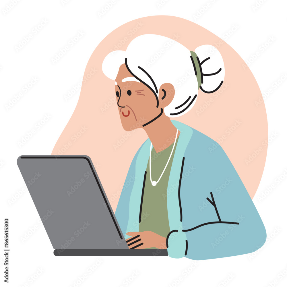 Gray-haired elderly woman works at laptop. An old woman is sitting at computer and surfing the Internet. Digitization of the older generation Gray-haired elderly woman works at laptop. An old woman is sitting at computer and surfing the Internet. Digitization of the older generation