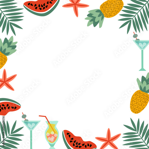 White square background frame of beach desserts - cocktails, pineapples with palm branches, monstera leaves and tropical flowers, starfish - vector flat illustration