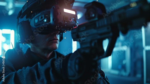A soldier wearing a virtual reality headset and holding a gun. He is in a dark room with blue lights. © Design