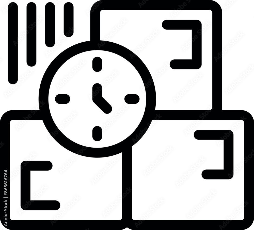 Line art icon of a clock showing delivery time for cardboard boxes, representing fast shipping Line art icon of a clock showing delivery time for cardboard boxes, representing fast shipping