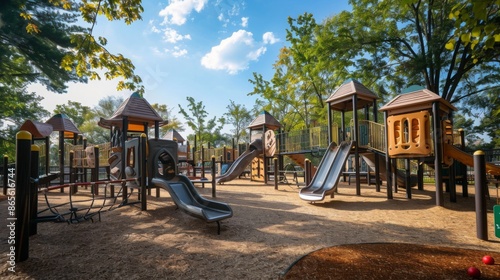 Wallpaper Mural A playground with several structures, including slides, climbing frames, and a rope ladder, is seen in a park on a sunny day. Torontodigital.ca