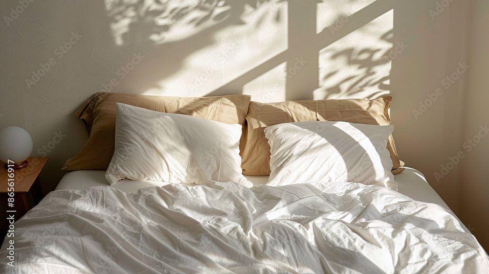 a comfy hotel bedroom with beige and white pillows and quilt, chic boho style a comfy hotel bedroom with beige and white pillows and quilt, chic boho style