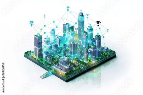 Smart city with intelligent building networking and green city landscape 3d isometric illustration © pixeness