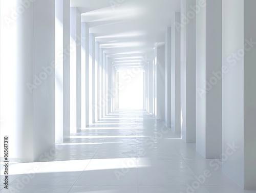 An infinite white corridor with a minimalist design for an abstract and simplistic best-seller wallpaper background