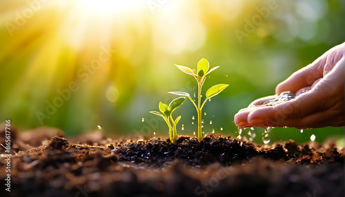 Watering a Young Plant in Soil, Symbolizing Growth, Care, Nature, and Sustainability Connection