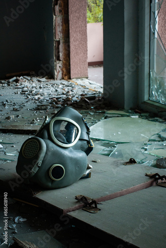 gas mask in abandoned building in contaminated place. Post-apocalips. Stalker in Czernobyl Exclusion Zone photo