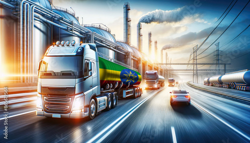 Modern tanker trucks, one showcasing the Ethiopia flag, journey from a refinery, signifying fuel distribution.