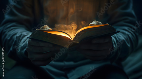 Person Holding Open Book With Glowing Light and Smoke