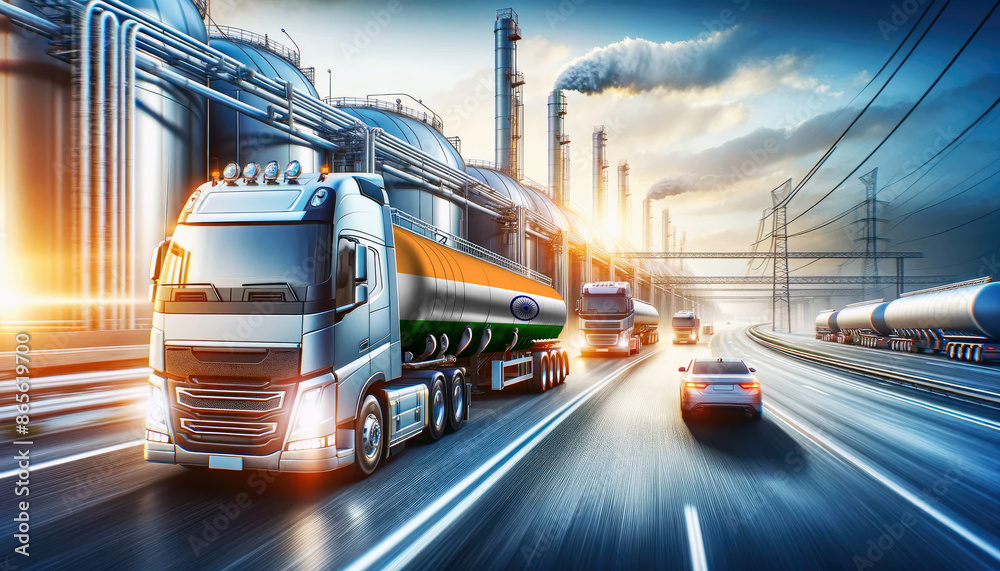 Fototapeta premium Modern tanker trucks, one showcasing the India flag, journey from a refinery, signifying fuel distribution.