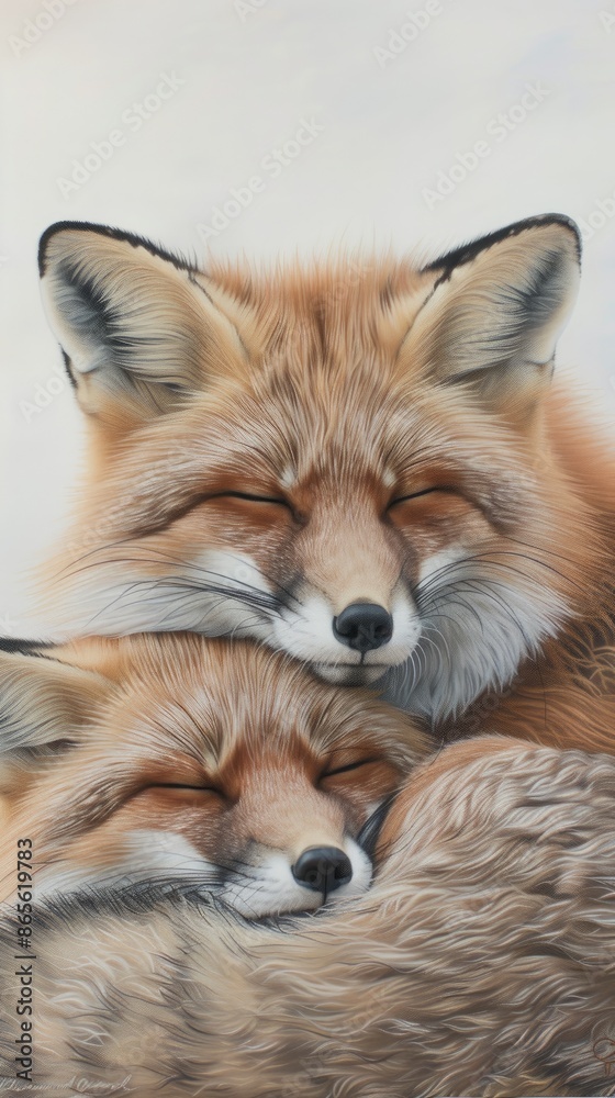 Two red foxes curled up together, sleeping soundly on a bed of dirt and leaves Two red foxes curled up together, sleeping soundly on a bed of dirt and leaves