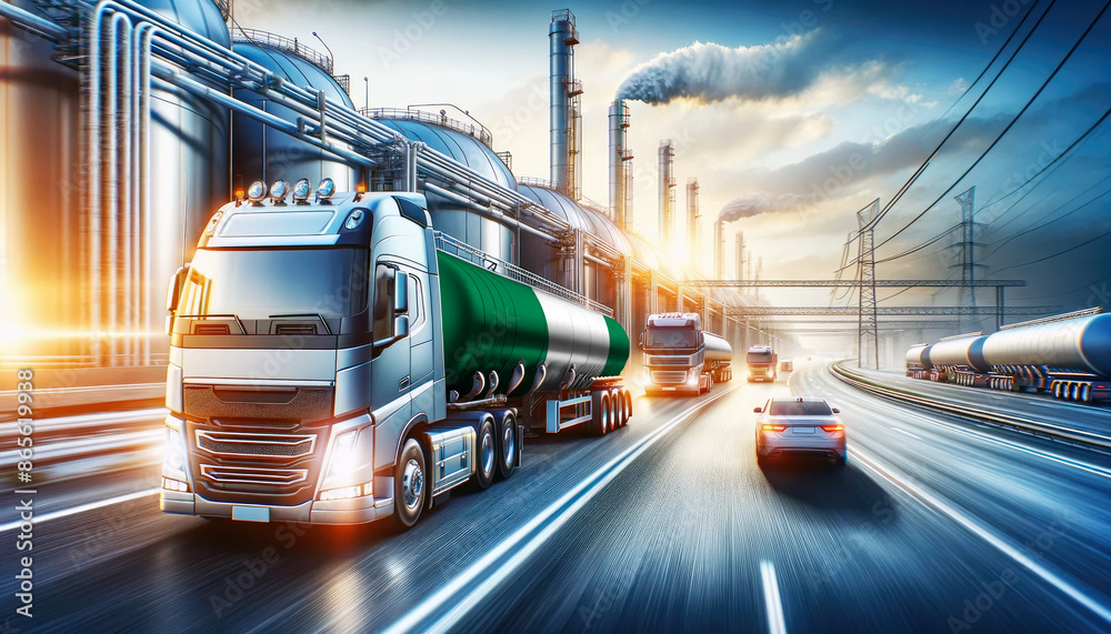 Modern tanker trucks, one showcasing the Nigeria flag, journey from a refinery, signifying fuel distribution. Modern tanker trucks, one showcasing the Nigeria flag, journey from a refinery, signifying fuel distribution.
