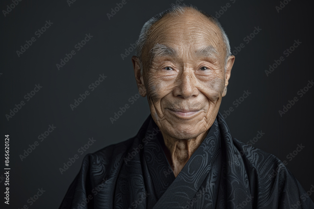 Close-up portrait of a senior man of Asian descent, studio photo, against a sleek gray studio backdrop Close-up portrait of a senior man of Asian descent, studio photo, against a sleek gray studio backdrop
