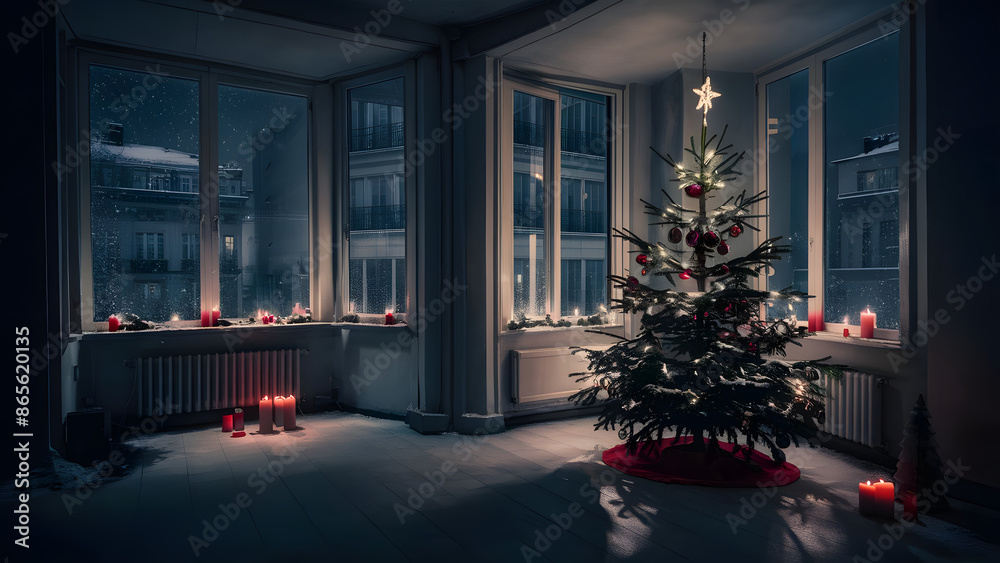 Christmas tree and fireplace in warm living room setting Christmas tree and fireplace in warm living room setting