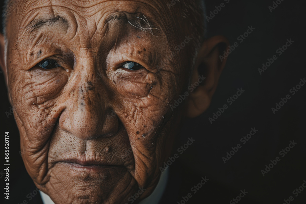 Close-up portrait of a senior man of Asian descent, studio photo, against a sleek gray studio backdrop Close-up portrait of a senior man of Asian descent, studio photo, against a sleek gray studio backdrop