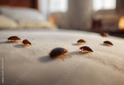 Close-up with many bed bugs in the house. Bed bug infestation