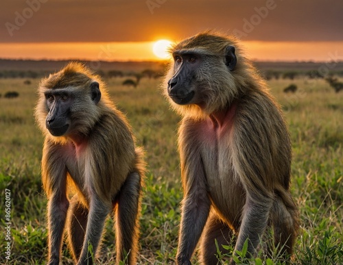 Two Baboons against the backdrop of sunset in the savannah photo