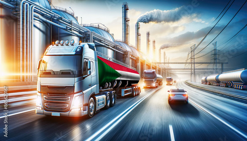 Modern tanker trucks, one showcasing the Sudan flag, journey from a refinery, signifying fuel distribution.