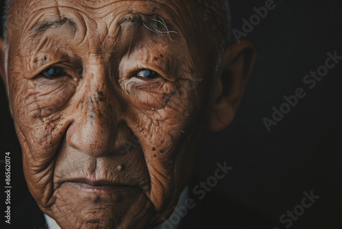 Close-up portrait of a senior man of Asian descent, studio photo, against a sleek gray studio backdrop