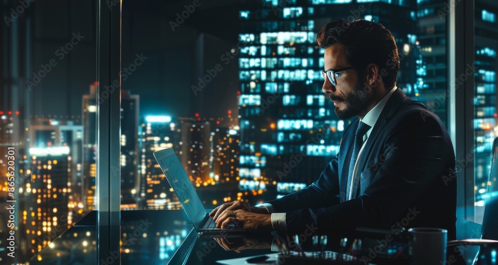 Businessman in suit working on laptop in office at night with city lights in background Businessman in suit working on laptop in office at night with city lights in background