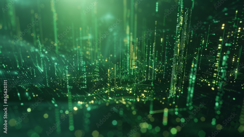 Futuristic green digital matrix with vertical lines and glowing dots. The abstract landscape features a network of lights forming a dynamic, cyber-themed pattern Futuristic green digital matrix with vertical lines and glowing dots. The abstract landscape features a network of lights forming a dynamic, cyber-themed pattern