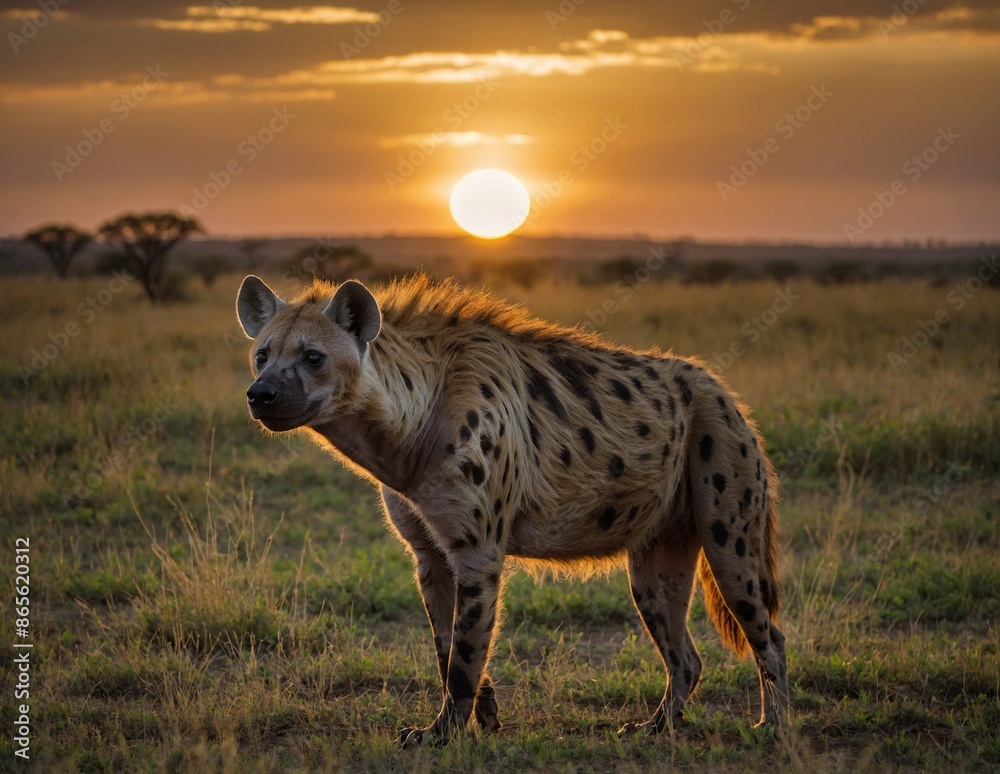 Hyena against the backdrop of sunset in the savannah