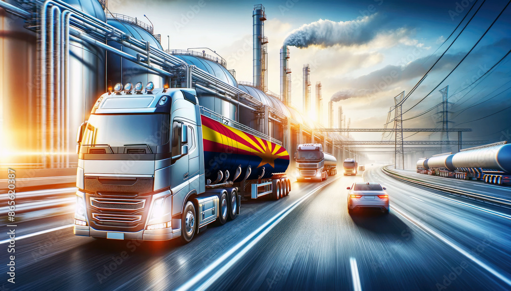 Fototapeta premium Modern tanker trucks, one showcasing the Arizona flag, journey from a refinery, signifying fuel distribution.