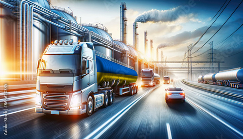 Modern tanker trucks, one showcasing the Ukraine flag, journey from a refinery, signifying fuel distribution.