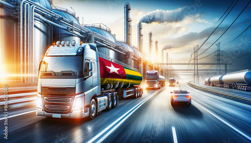 Modern tanker trucks, one showcasing the Togo flag, journey from a refinery, signifying fuel distribution.