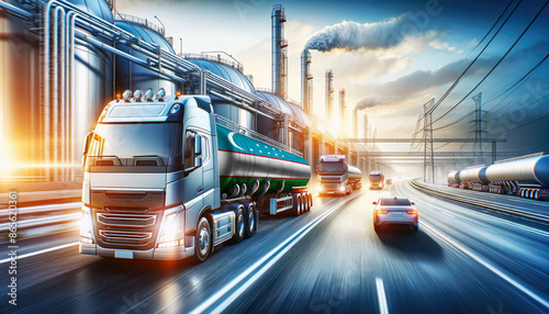 Modern tanker trucks, one showcasing the Uzbekistan flag, journey from a refinery, signifying fuel distribution.