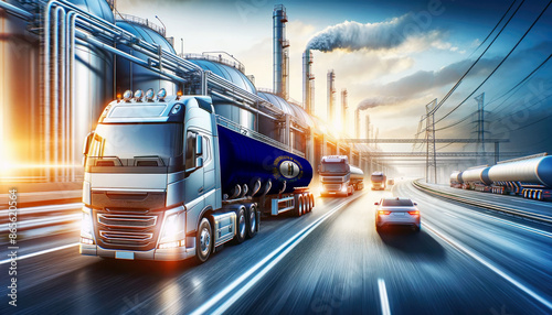 Modern tanker trucks, one showcasing the Kentucky flag, journey from a refinery, signifying fuel distribution.